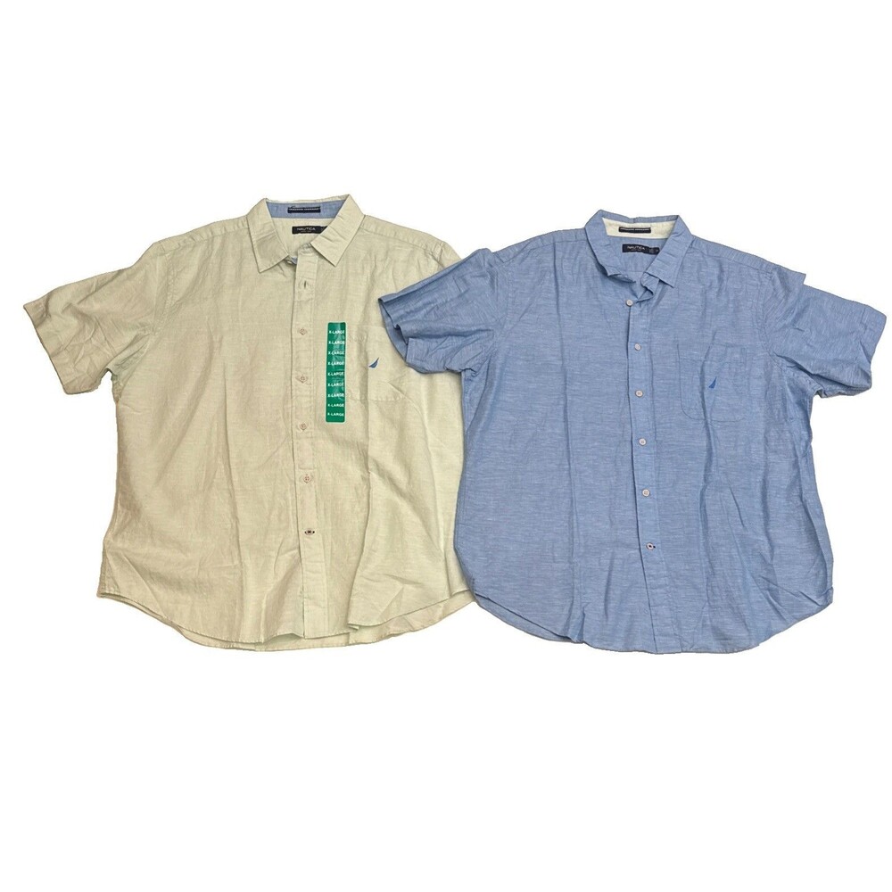 Set of 2: Nautica Men’s Linen Short Sleeve Button Down Collar Shirt Sz XL NEW